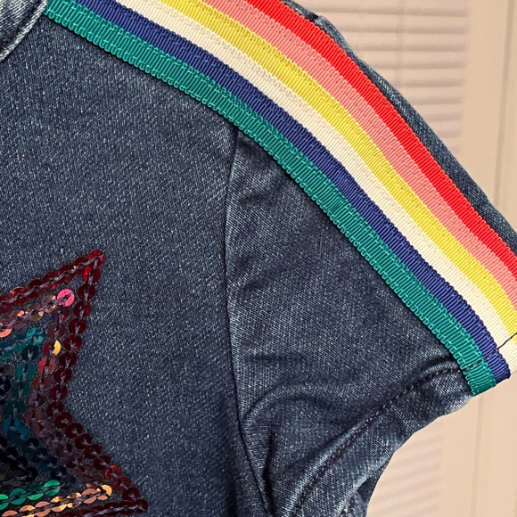 MINI BODEN PRE-LOVED AUTHENTIC DENIM RAINBOW TRIM & SEQUIN DESIGN SWING DRESS - Picture 12 of 17